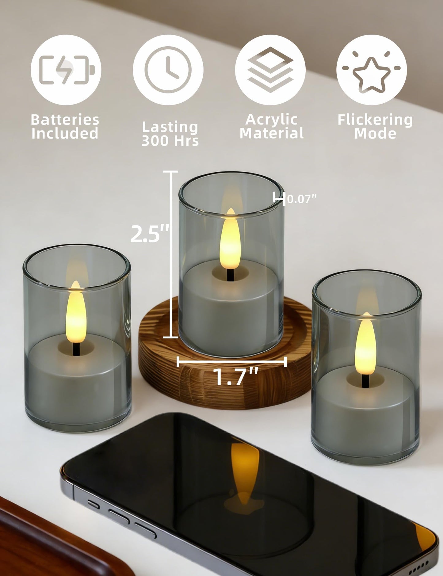 Utwickeln Rechargeable Flameless Tea Light Candles with Remote&2-8H Timer,6-Pack,USB-C,LED Tea Lights for Soccer Fan Party Decor,Home,Wedding Reception,Dinner Party,Living Room & Hotel,Gray Acrylic