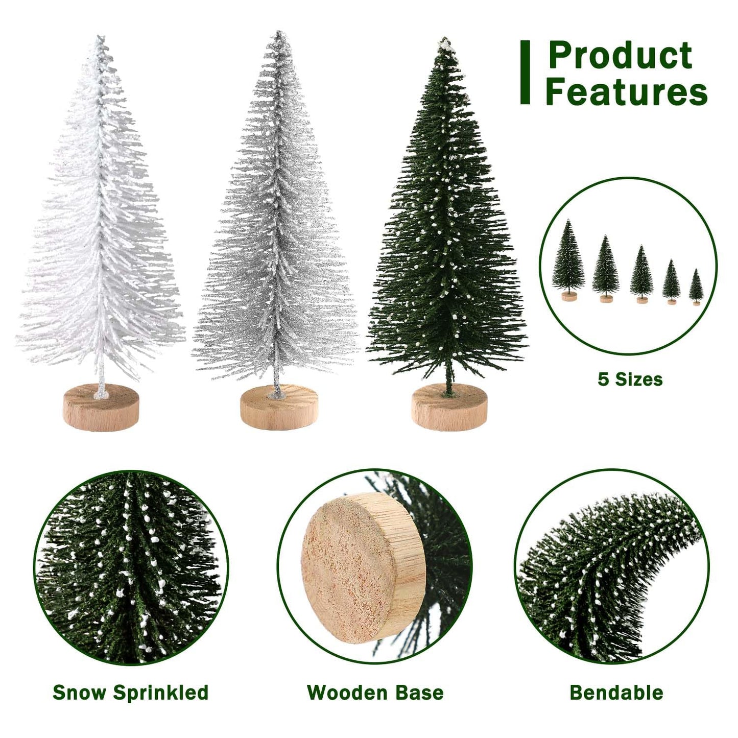 30Pcs Mini Christmas Trees Artificial Christmas Tree Bottle Brush Trees with Wooden Base for Christmas Decor Party Home Table Craft Decorations(Green+Silver+White)