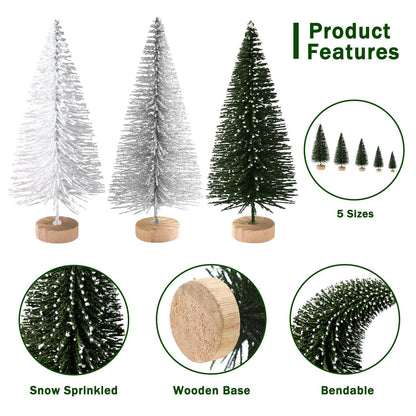 30Pcs Mini Christmas Trees Artificial Christmas Tree Bottle Brush Trees with Wooden Base for Christmas Decor Party Home Table Craft Decorations(Green+Silver+White)