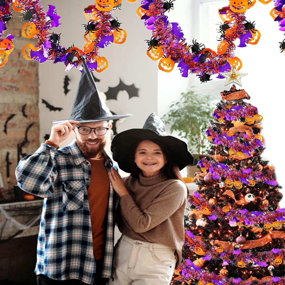 33 Ft Halloween Tinsel Garland with Orange Pumpkin Black Spider Purple Bat Glitter Fall Tinsel Garland Halloween Tree Ornaments for Home Indoor Outdoor Party Decorations