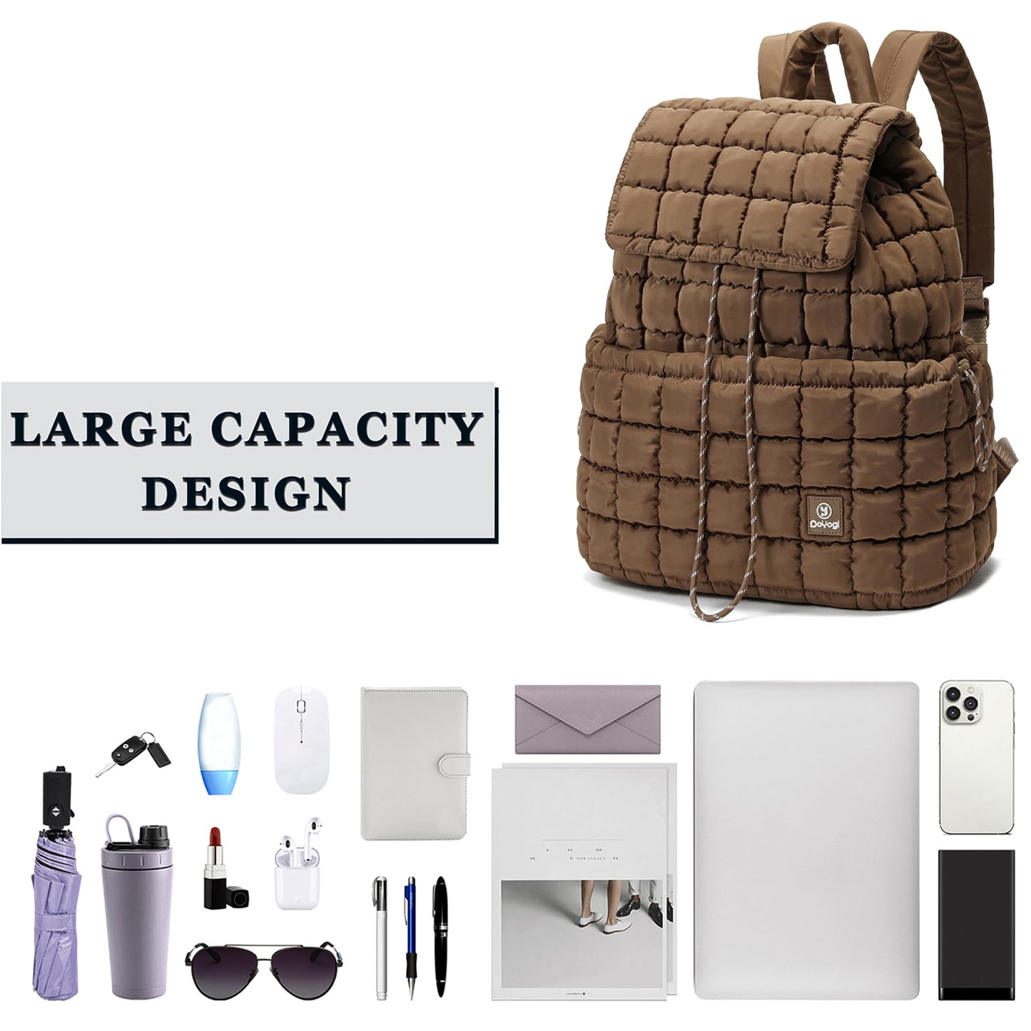 DOYOGI Quilted Backpack for Women, Lightweight Travel Gym Bag, Hiker Pack Drawstring Padding Backpacks, Puffer Travel Bag for Casual Daypack(Brown)