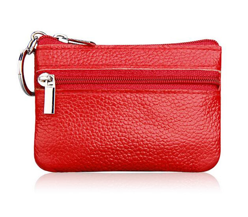 iToolai Women's Leather Small Coin Change Purse with Keychain, Mini Card Holder Wallet, Red