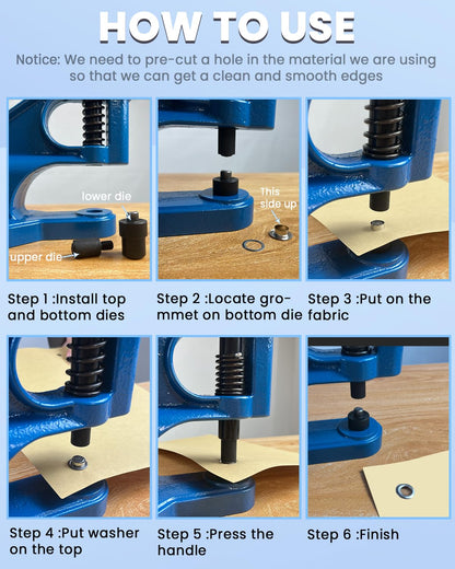 DUPDMKIN Grommet Tool Kit, Heavy Duty Eyelet & Rivet Press with 3 Dies and 1500 Pcs Grommets, Hand Press Grommet Machine for Fabric, Leather
