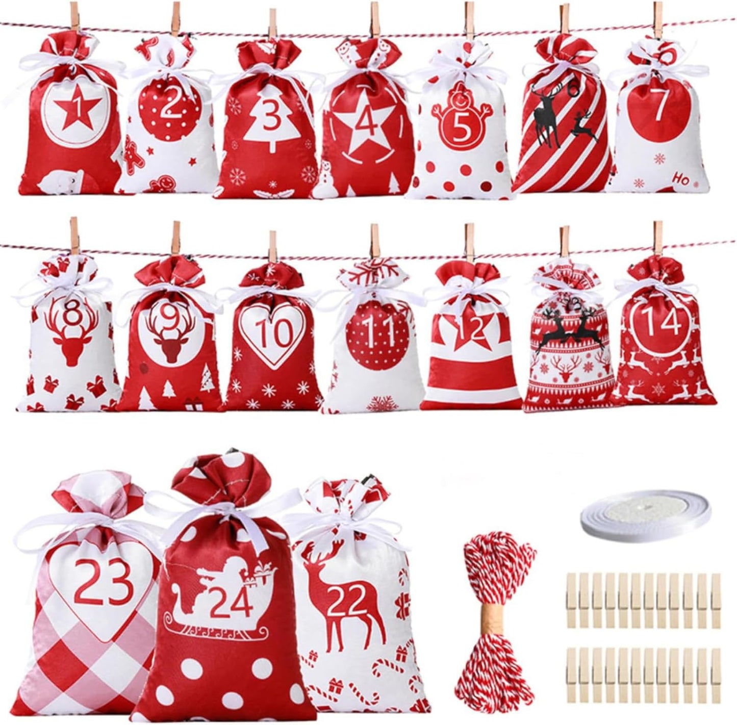 24 Pcs Christmas Drawstring Gift Wrap Bags Reusable Advent Calendar Bags Cute Xmas Candy Toys Goody Treat Bag Pocket for Holiday Weedings Birthdays Party Favor Home Storage Gift Bag