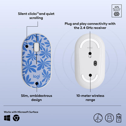 Logitech M340 Wireless Mouse with Limited Edition Prints, USB Receiver and Silent Clicks, Portable Wireless Mouse for Laptop, PC, Windows, Chrome, Surface – Floral Leaves