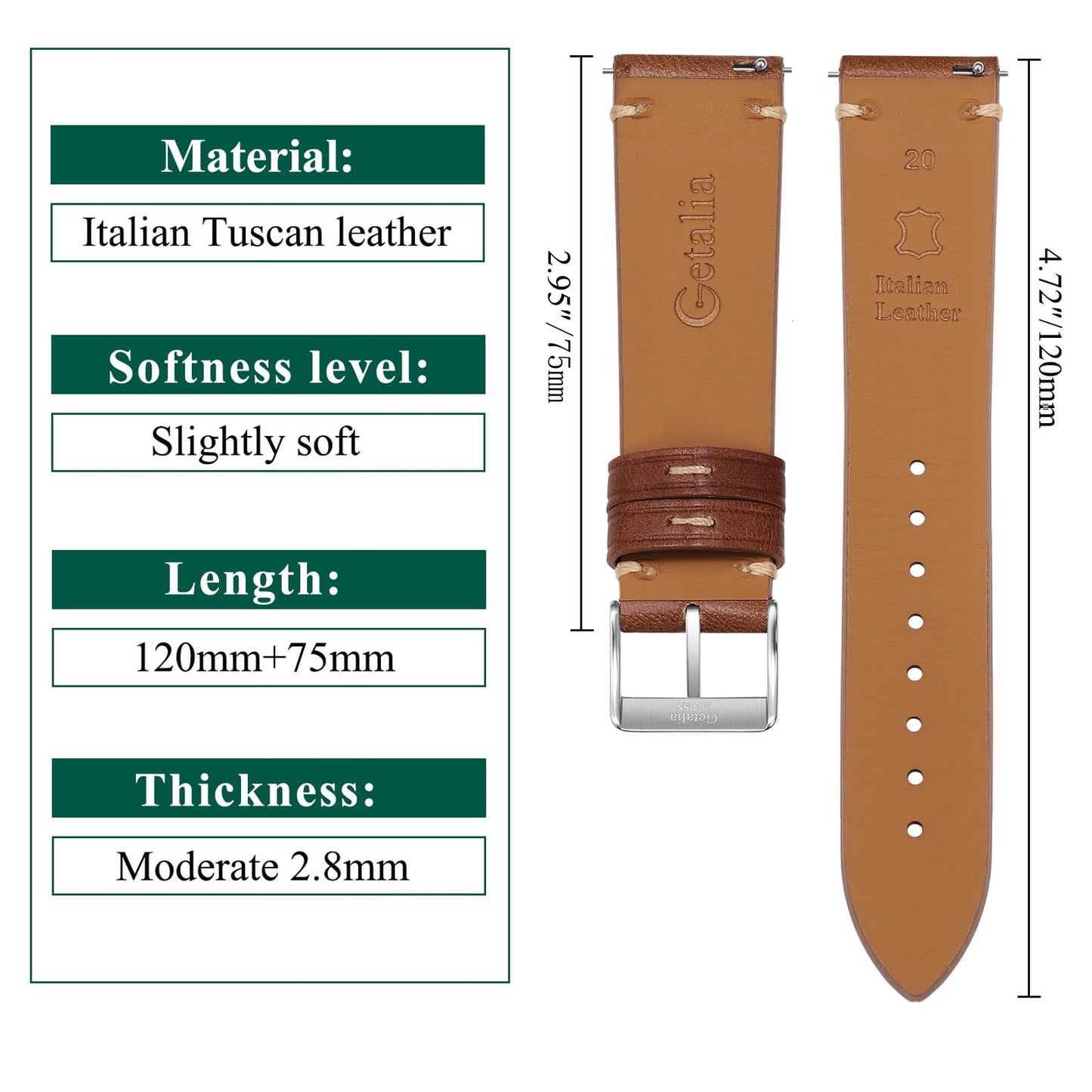 Getalia Italian leather Watch Band Tuscany Natural Vegetable-Tanned Top Grain Genuine Leather, Quick Release Replacement Watch Straps for Men and Women (width：21mm light Brown)
