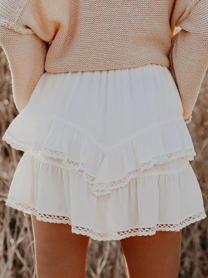 Aoudery Flowy Shorts for Women Casual Boho Ruffle Tiered Skorts High Waist Mini Skirts Golf Tennis Butterfly Crochet Shorts - A White S
