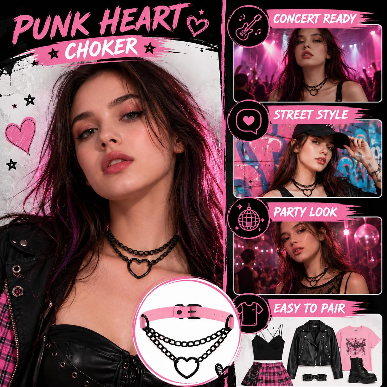 TIVMIK Punk Heart Shape Collar Necklace Leather Gothic Collar with Dangling Heart-Shaped Chain Cute Harajuku Style Women's Necklace Pink