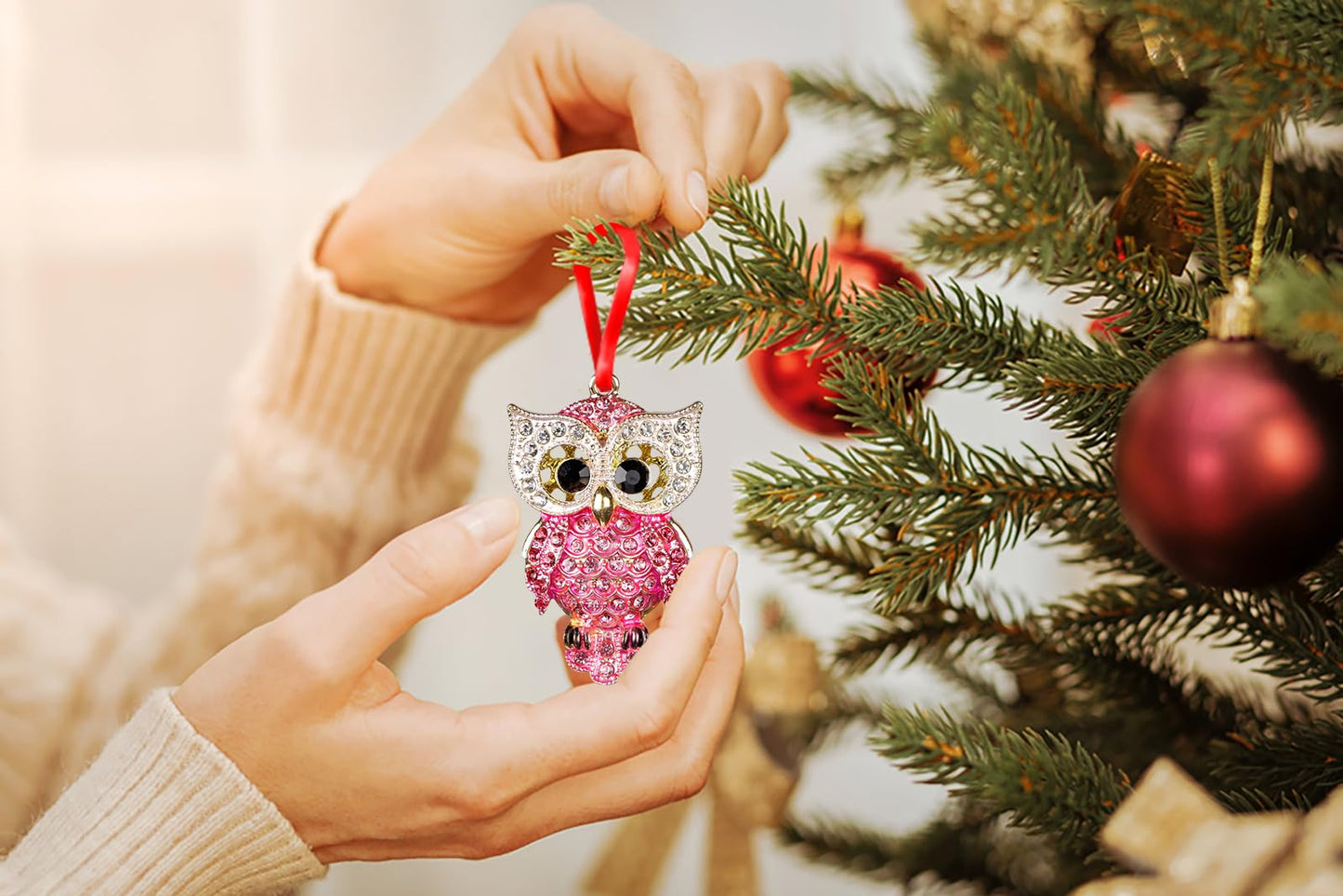 WaaHome Metal Owl Christmas Ornaments 2026 - Pink Owl Keepsake Ornaments for Christmas Tree Decorations Gifts for Women Girls Mom Owls Lovers
