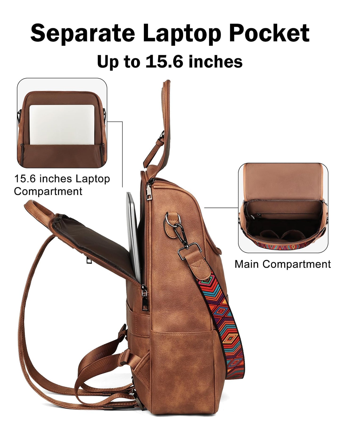 FADEON Laptop Backpack for Women Leather Travel Backpack with Laptop Compartment, Designer Ladies Computer Backpacks Brown