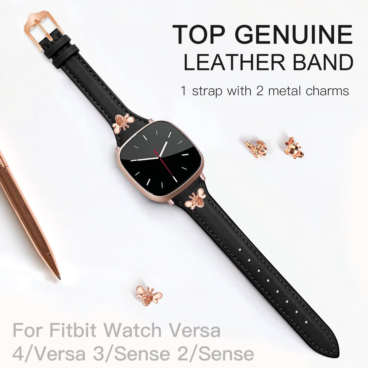 JR.DM Slim Leather Bands Compatible with Fitbit Versa 4/Versa 3/Sense 2/Sense Band, Top Genuine Soft Leather Band with Charms, Feminine Designer Strap for Fitbit Smartwatch, Black Rose Gold