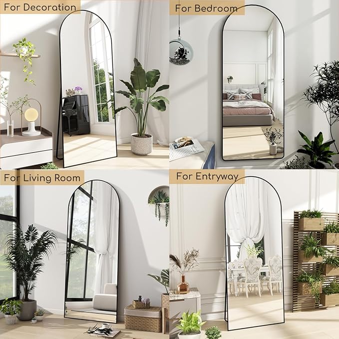 Arched Floor Mirror, 64 "x 21" Full Length Mirror Wall Mirrors Hanging or Leaning Arched-Top Full Body Mirrors with Stand for Bedroom, Dressing Room, Black