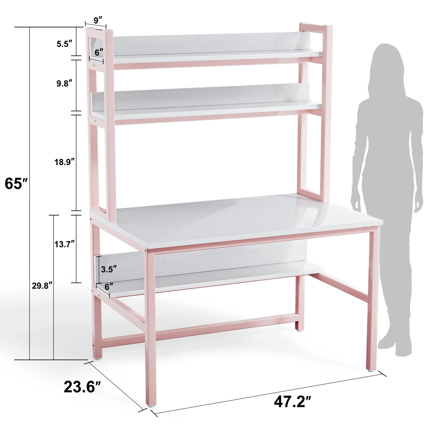 Aquzee Pink Desk Hutch, 47in Woman Computer Desk with Bookshelf & Storage Shelves, Space Saving Girls Writing Study Craft Table for Bedroom Kids Room, White Wood & Pink Iron Home Office Desks