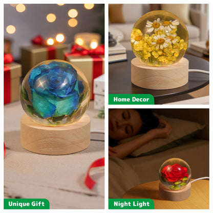 QNCMBUG Blue Rose Crystal Ball Night Light - Real Rose Encased in Glowing Resin Ball, USB-Powered Desk Lamp with Wood Base, Unique Gift for Valentine's Day, Mother's Day & Home Decor