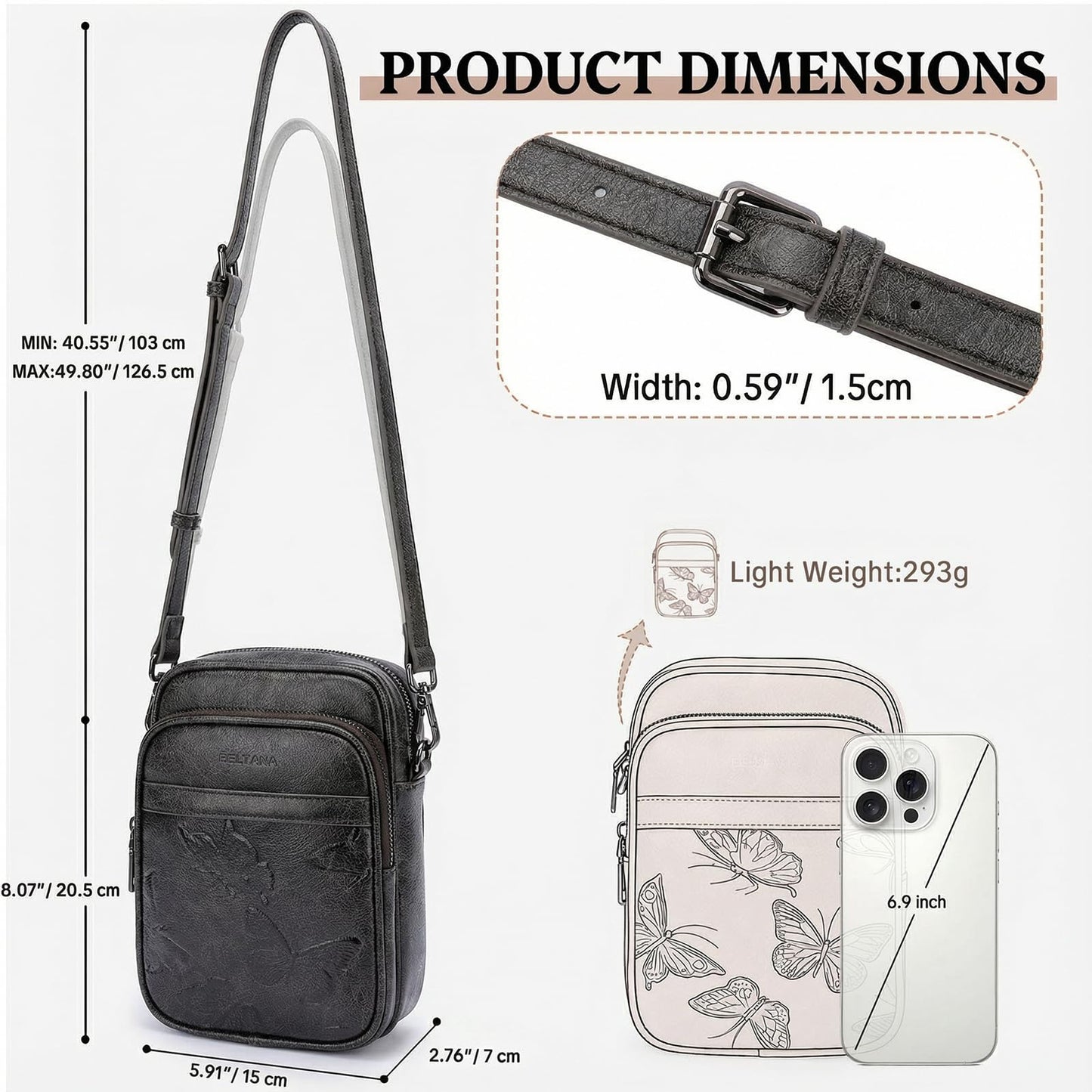 BELTANA Small Crossbody Bags for Women, Butterfly Vegan Leather Cell Phone Bag Trendy Wallet Purse with RFID Card Slots (Black Grey-Silver)