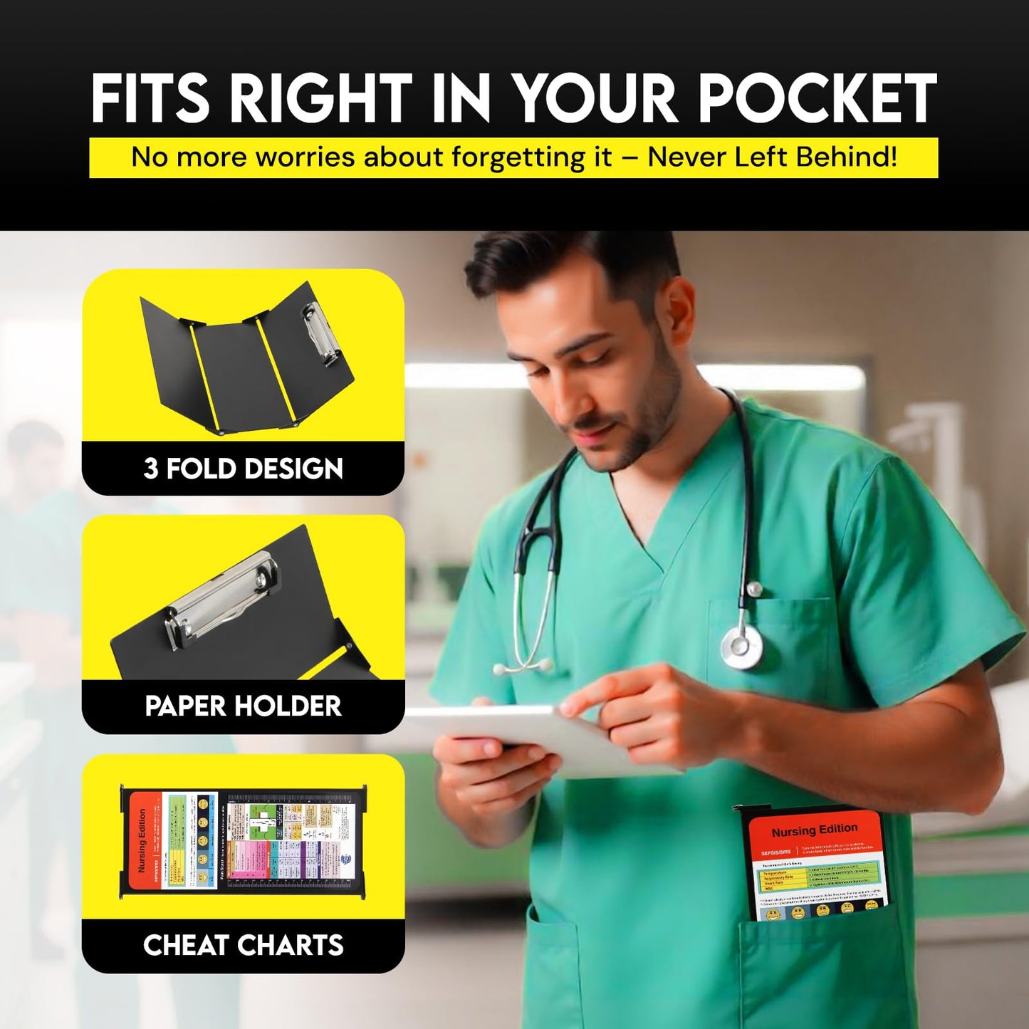 Nursing Clipboard Foldable with Medical Edition Cheat Sheets, 3 Layers Aluminum Foldable Clipboard for Nursing, Notepad for Students, Nursing School Essentials (Black)