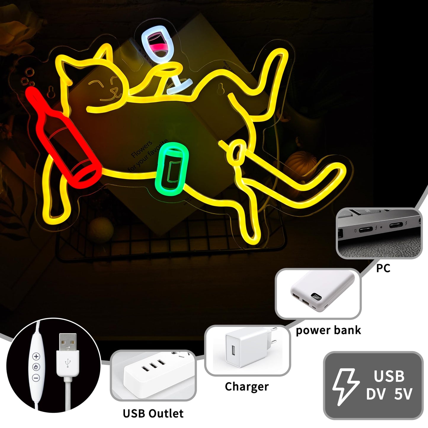 Cat Neon Light Sign, USB Powered Dimmable Bar Neon Signs for Home Bar Wall Decor, LED Wall Art for Bedroom Men Cave Game Room Birthday Party Gifts