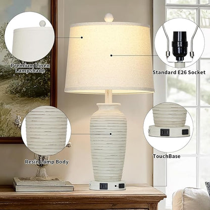 25" Retro White Farmhouse Jar Table Lamps Set of 2, 3 Way Touch Control Rustic Bedside Lamps with USB A+C Ports & AC Outlet, Pot Nightstand Lamps for Bedroom Living Room (LED Bulbs Included)