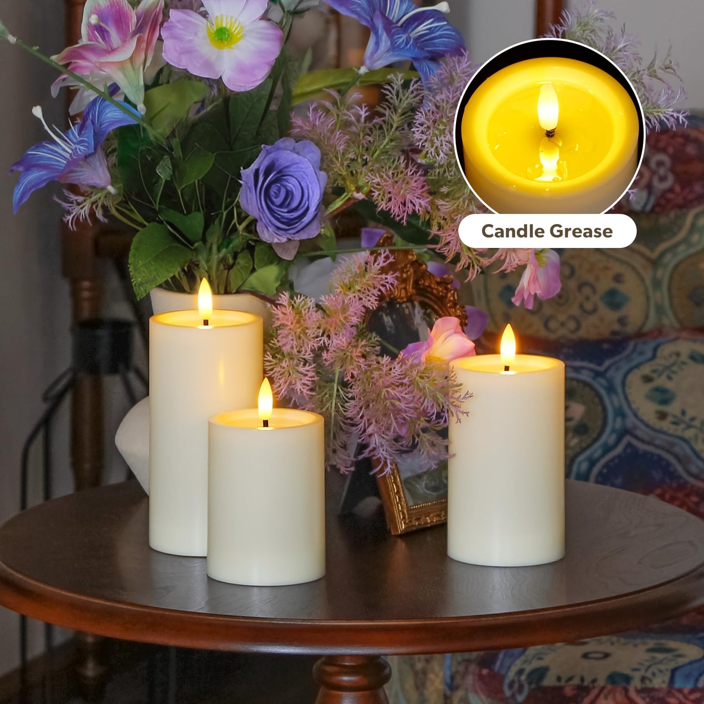 Yeelida Outdoor 6pcs Flameless Waterproof Candles with Handy Remote Control, Cycle Timer Battery Operated Candle Grease Effect LED Flickering Pillar Plastic Long Lasting (Ivory, 3" x4" 5" 5" 6" 6" 7")