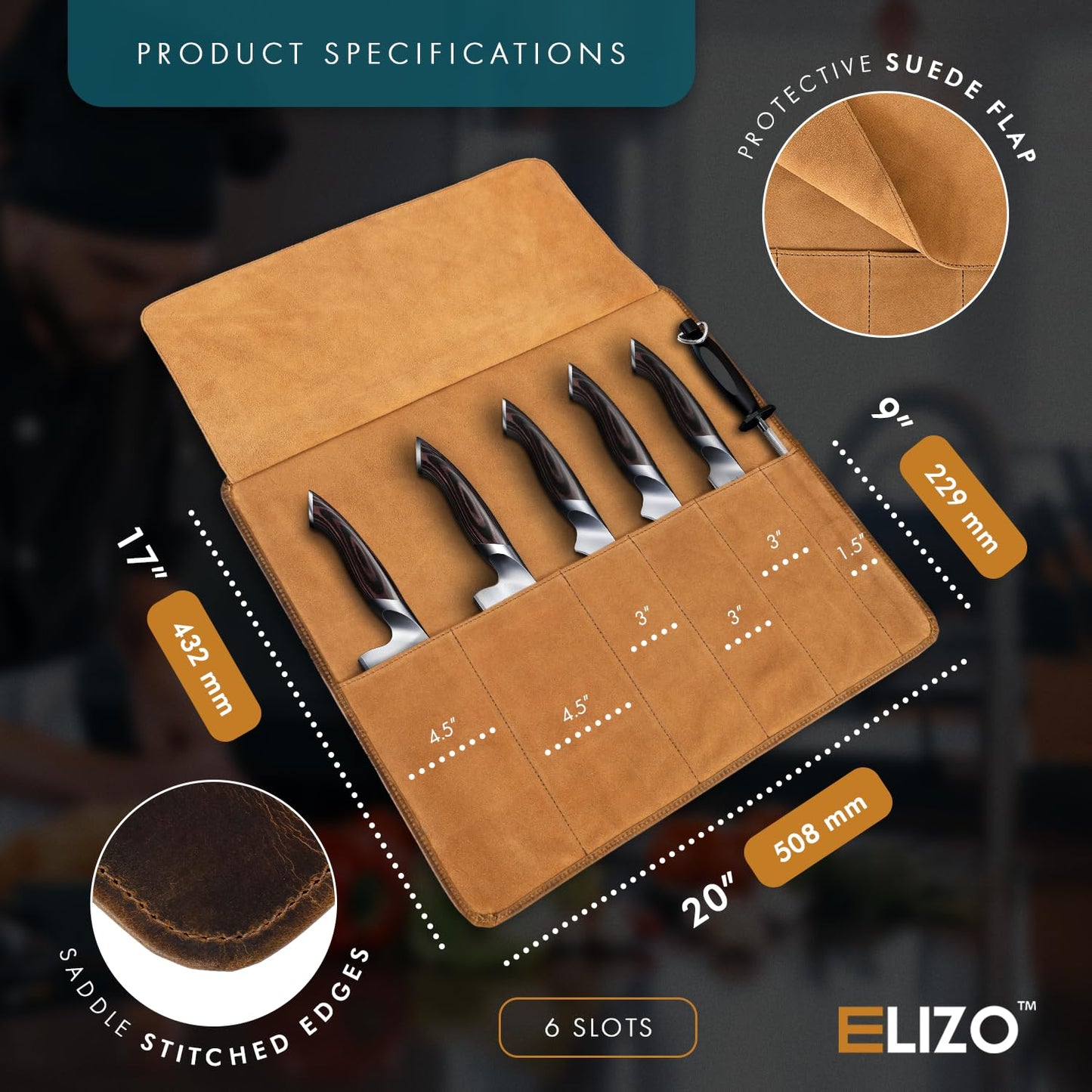 ELIZO Leather Knife Roll Bag Professional Chef Knife Case, Durable Sheath Holder, Cooks & Culinary Tools Carrying Storage, Portable Wrap - 6 Slots