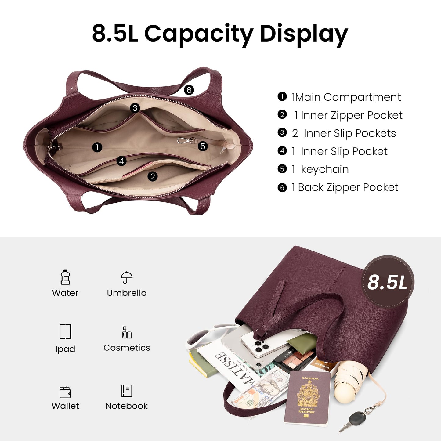 befen Genuine Leather Tote Bags for Women Work, Real Burgundy Leather Shoulder Handbags Zippered Satchel Purses with Adjustable Strap for Casual Shopping Travel, Burgundy