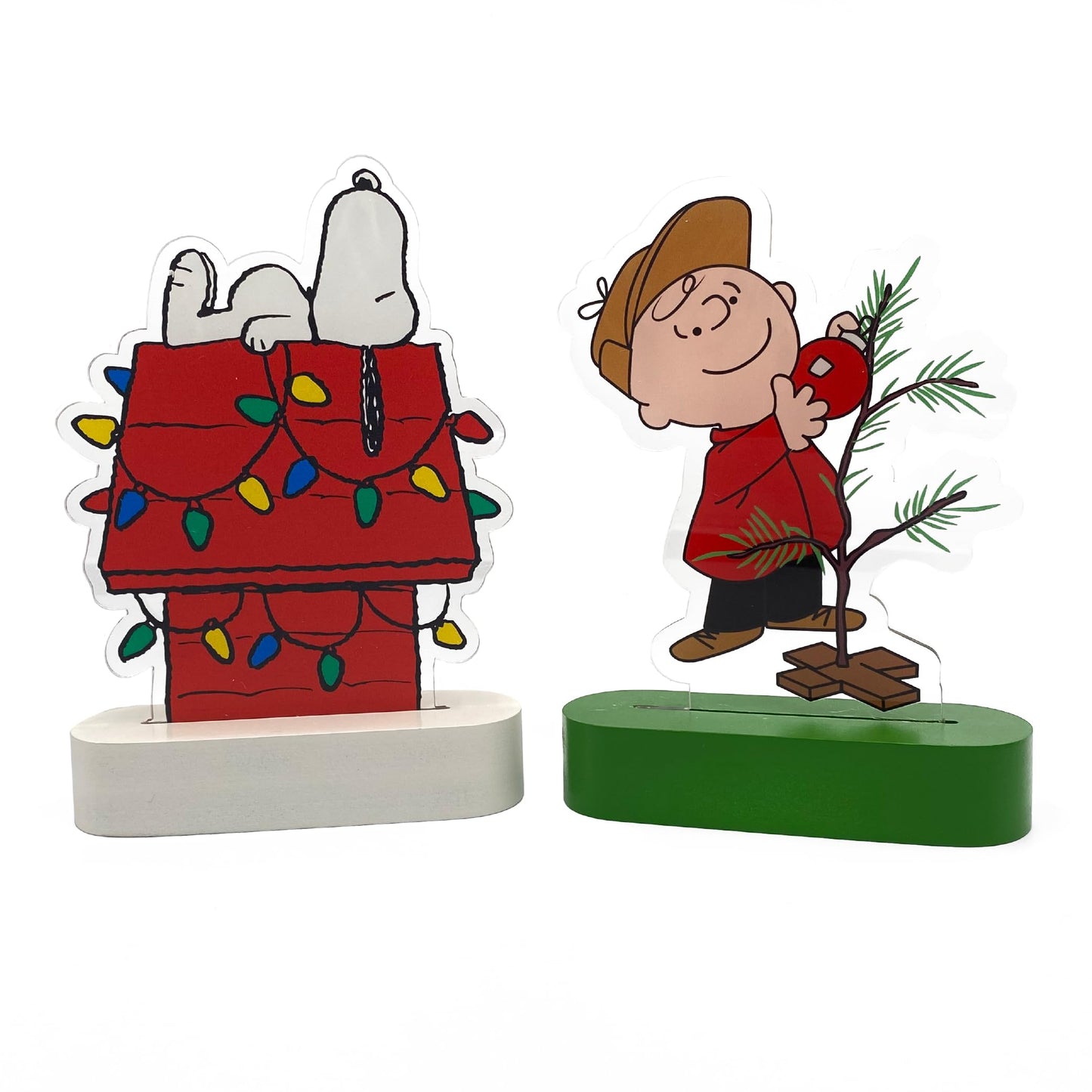 Mark Feldstein, Peanuts Holiday LED Illuminated Acrylic Tabletop Lights, Snoopy's Decorated Doghouse and Charlie Brown's Christmas Tree, 6 Inch (Set of 2)