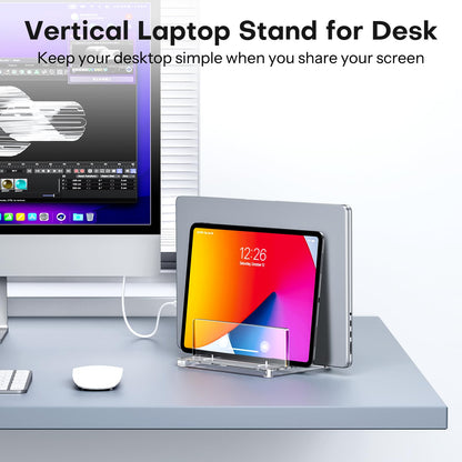 OMOTON Vertical Laptop Stand for Desk, Acrylic Dual Laptop Holder Desktop Clear Adjustable Dock for MacBook Pro Air, HP, All Gaming Laptops up to 17” (Clear, Dual Slot)