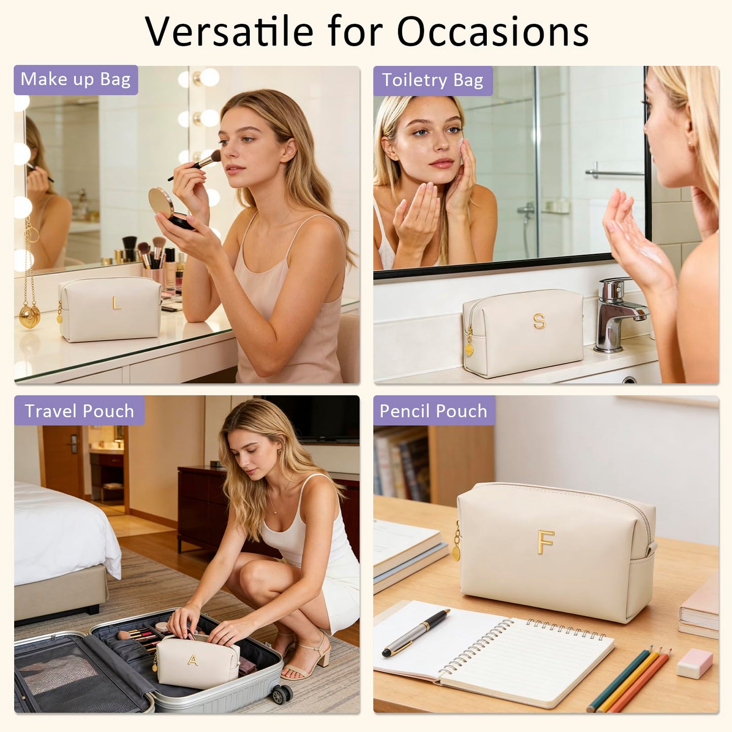 KKXIU Initial Makeup Bag for Women - Personalized Birthday Gifts Cosmetic Travel Toiletry Bag with Waterproof Soft PU Leather Customized Gifts for Friend Teacher Bridemaid (A, Beige)