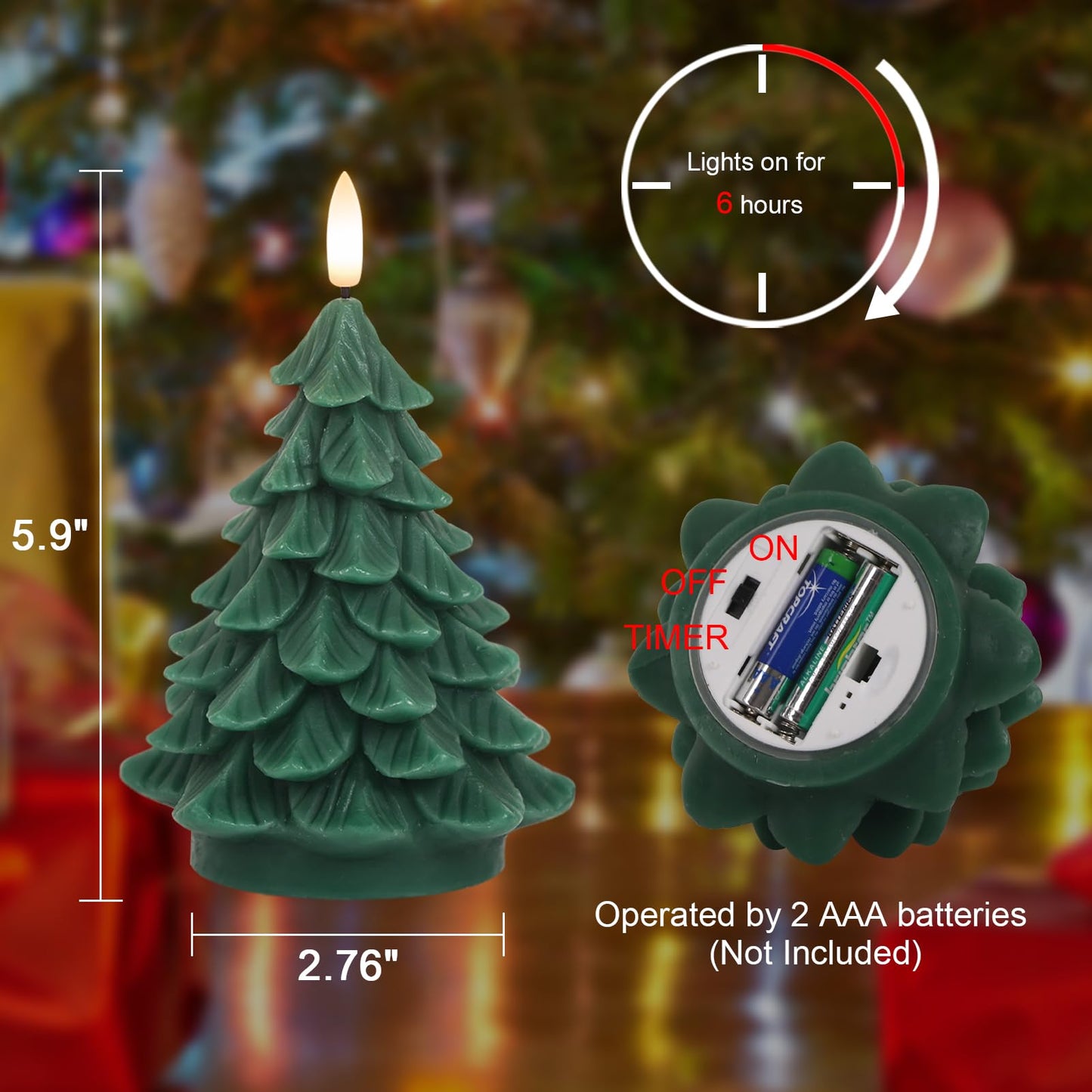 DRomance Christmas Tree Flameless Candles Battery Operated with 6 Hour Timer, 2 Pack Green Real Wax Lifelike Leaves 3D Wick LED Flickering Candles Dinner Party Holiday Indoor Decor(2.76" x 5.9")