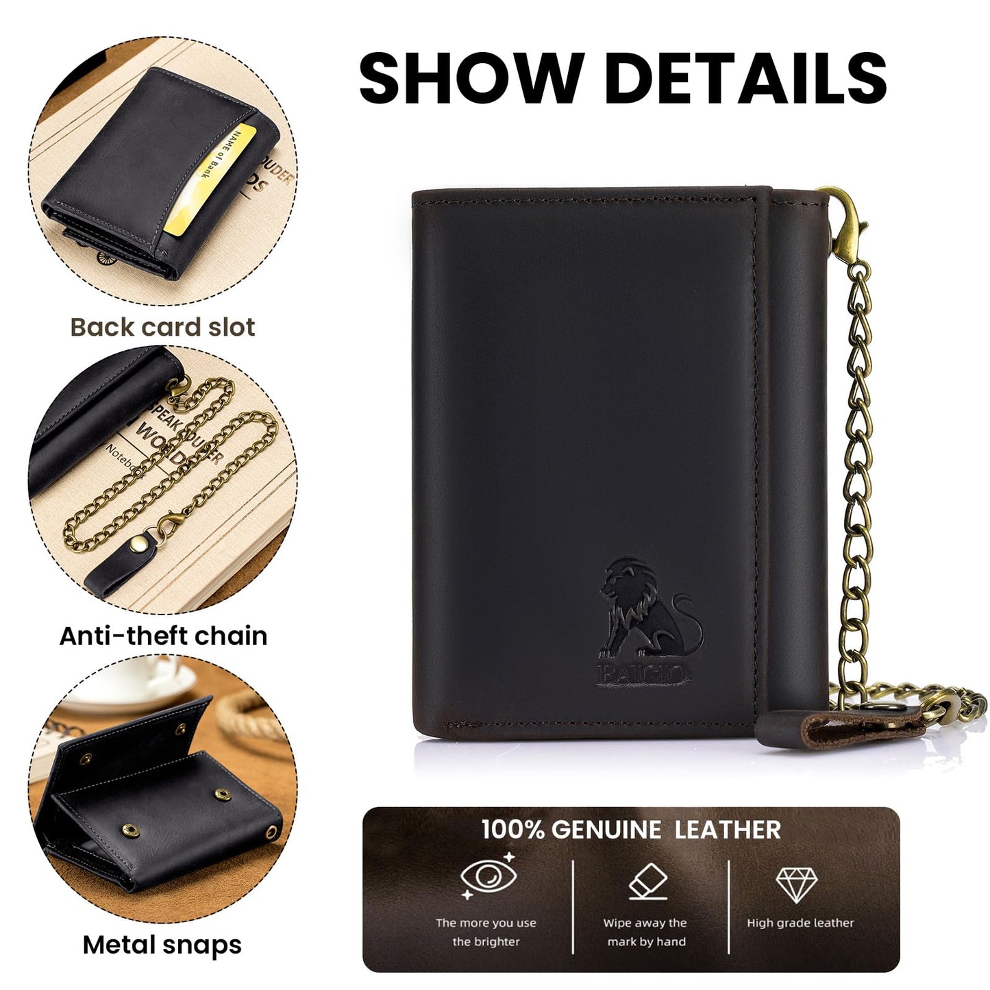 BAIGIO Men Wallet with Chain Genuine Leather Wallet for Men RFID Blocking Trifold Wallet Father's Gift