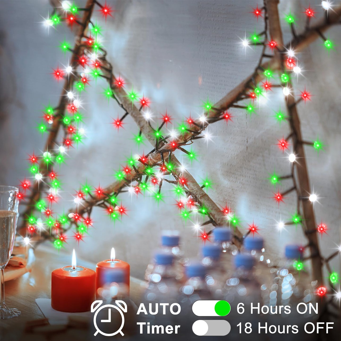 BSGlobal 2 Pack Christmas Lights Red White Green, Total 20Ft 400 LED String Lights with Timer 8 Modes Cluster Firecracker Light for Tree Room Garden Outdoor Decor