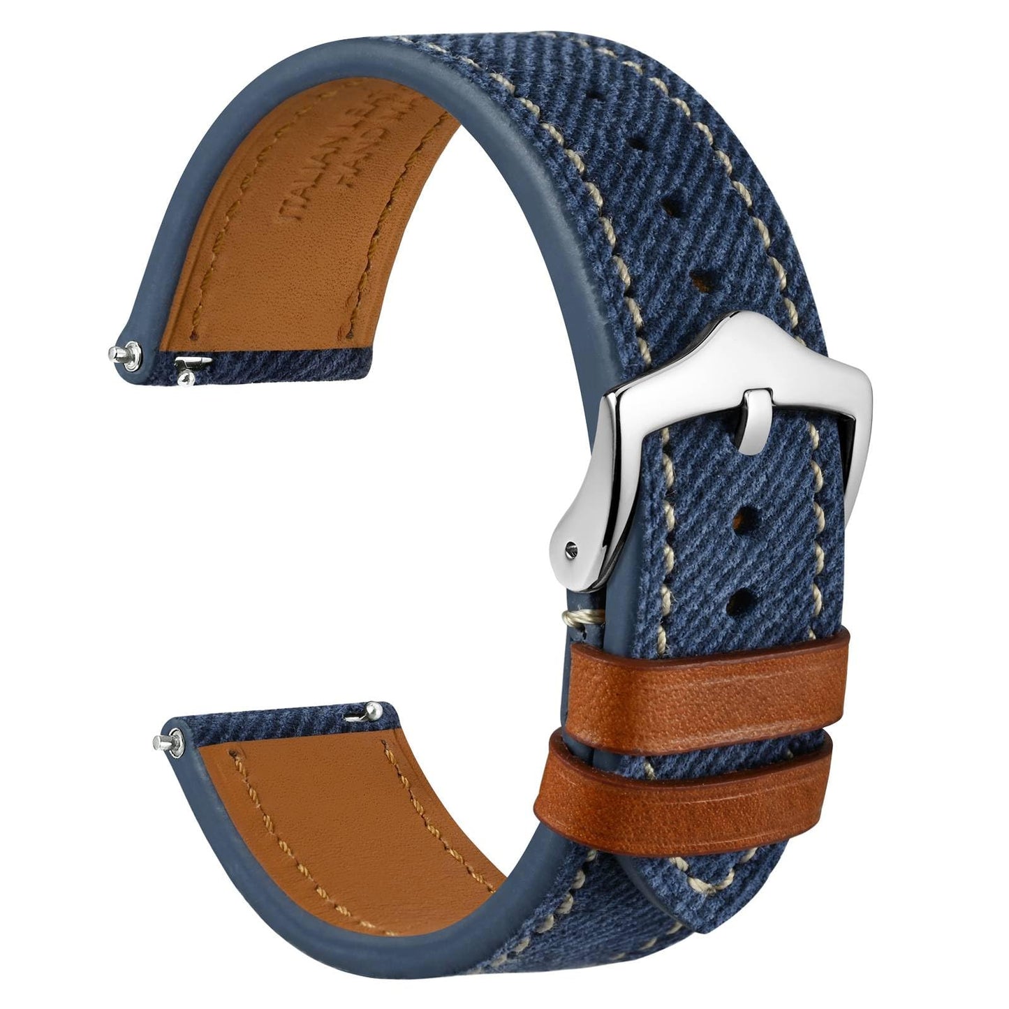 WOCCI 20mm Watch Band, Italian Leather, Denim Pattern, Silver Buckle (Denim Blue)