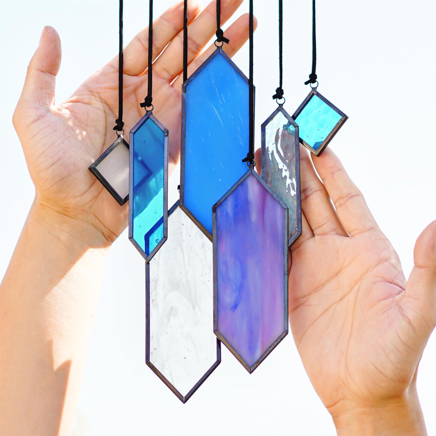 HDCRYSTALGIFTS Stained Glass Window Hanging Suncatchers - 7 Pieces Handcrafted Element Earth Tones Panel Set,Modern Blue Wall Art Sun Catchers Indoor Window Home Garden Decor