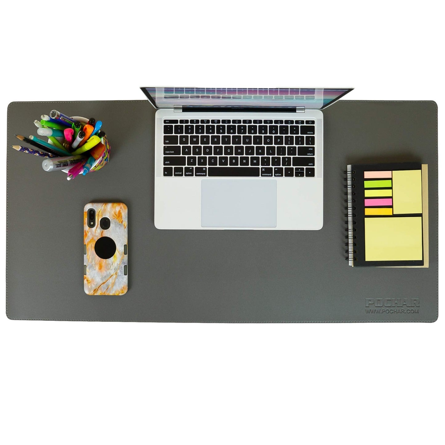 POCHAR Vegan Leather Desk Mat 31" x 16" - Office Desk Pad Protector for Desktop - Non-Slip PU Leather Dual-Sided Desk Blotter for Laptop Mouse Keyboard - Waterproof Writing Signing Pad, Gray