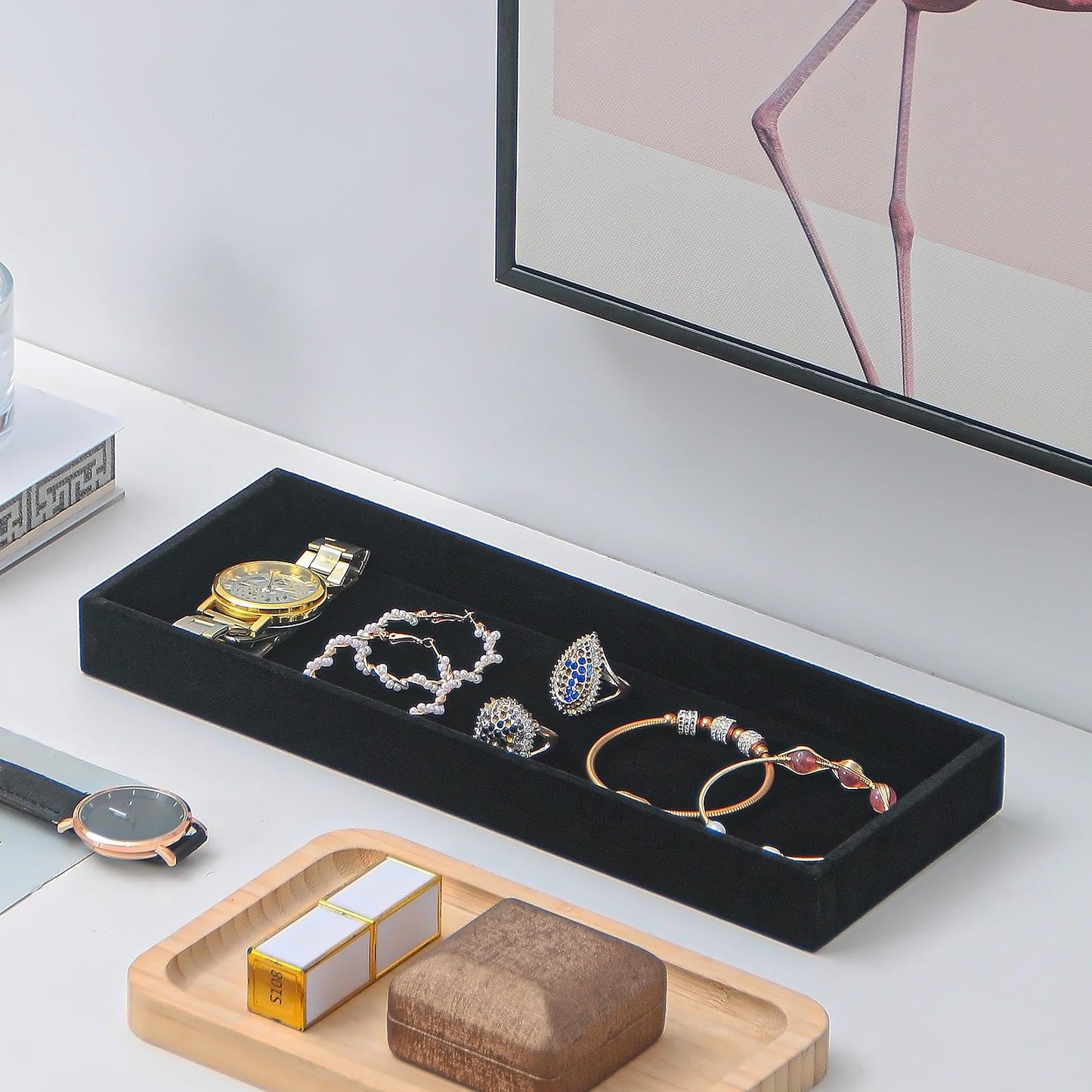 2Pcs Desk Drawer Storage Tray, Nightstand Organizer Tray, Necklace Bracelet Ring Earring Jewelry Display Tray, Grid Table Organizer Holder Tray for Sunglass, Phone, Watch, Perfume (1 grid)/Black