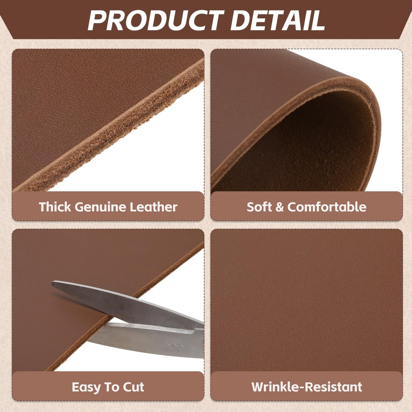 Rebower Genuine Leather Sheets, 8" x 8" Flat Full Grain Cowhide Leather for Crafts, 4-4.5mm Thick Vegetable Tanned Cowhide for DIY Belt Tooling Wallet Stamping Projects, Brown