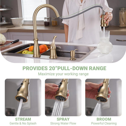 APPASO 3 Hole Kitchen Faucet with Pull Down Sprayer, Kitchen Faucets with Soap Dispenser, 3 Pieces Kitchen Sink Faucet with Separate Handle, Matte Black Kitchen Faucet 3 Hole, 218MB