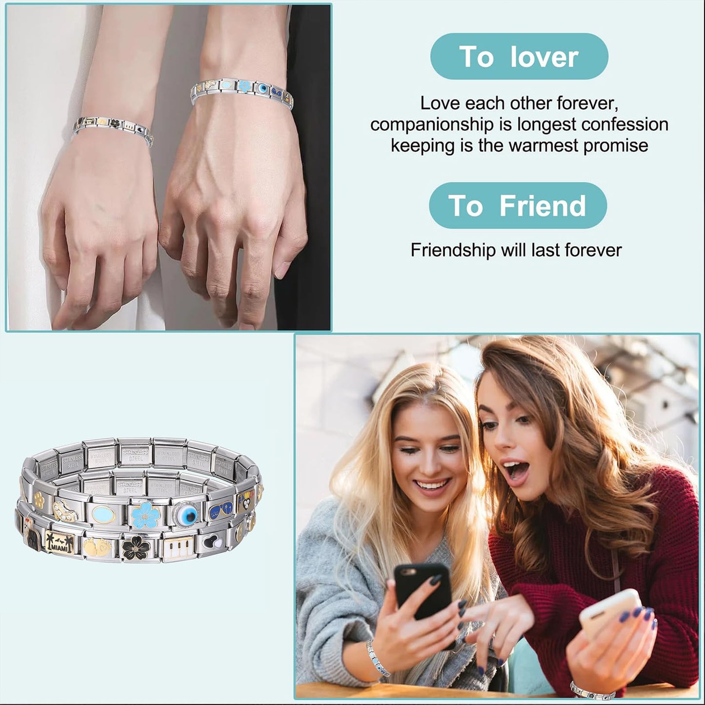 ITingstere Italian Charms Bracelet Sets with 1Pcs Gold Brascelet,20Pcs Charms and Opening Tools,9mm Italian Modular Charm Bracelet Link Handmade