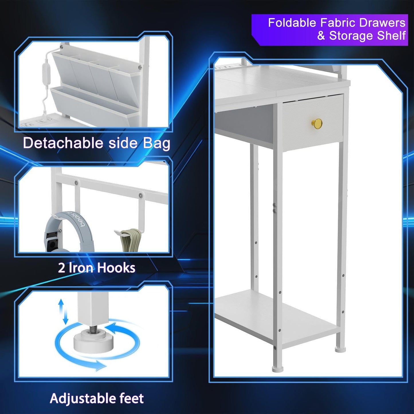 Jakyitvi 33.7" Computer Desk with Power Outlets, LED Lights & Drawer, Small Office Desk with Storage Bag & Hooks, Gaming Desk for Bedrooms or Home Office, Compact Study Desk for Small Spaces，White