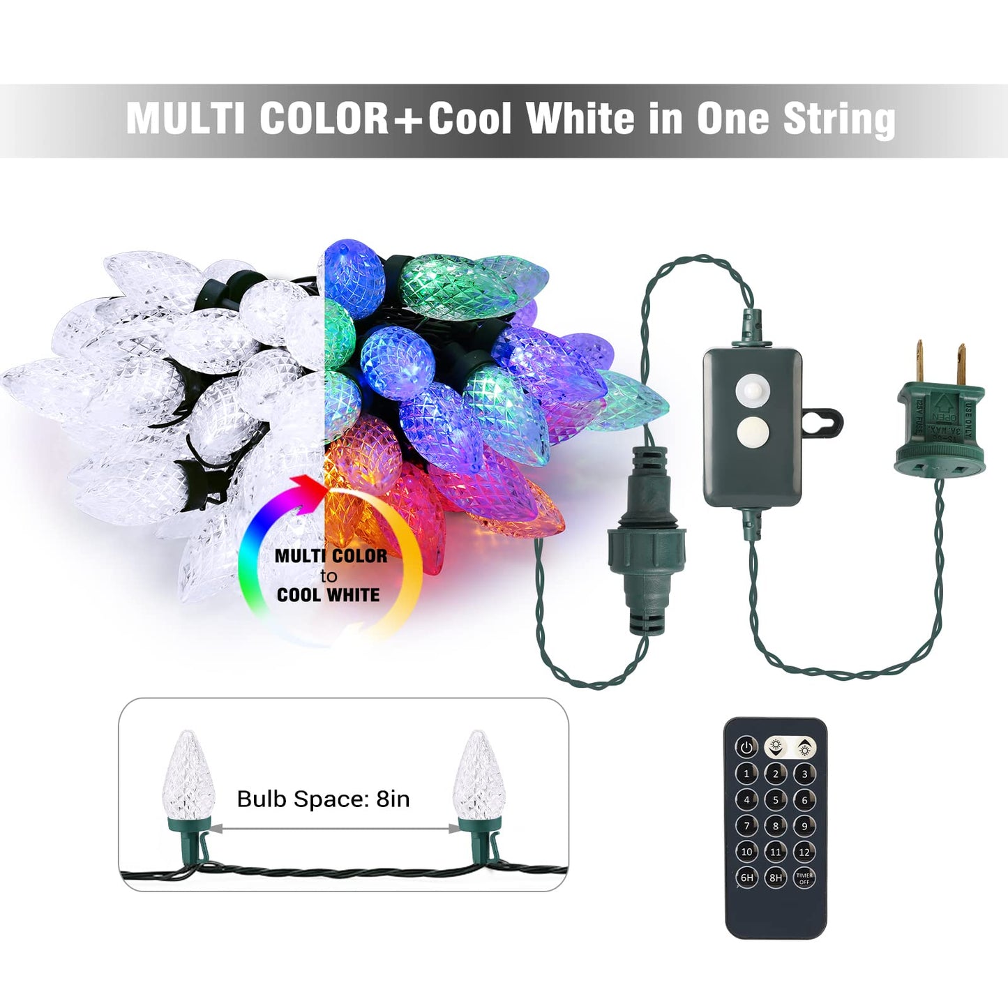 ODEETRONIC Cool White & Multicolor Christmas Lights, 33ft 50 LED C9 Color Changing Tree Lights, Connectable 12 Modes Outdoor Xmas Light with Remote, Dimmable Twinkle Light for Home Party Wedding