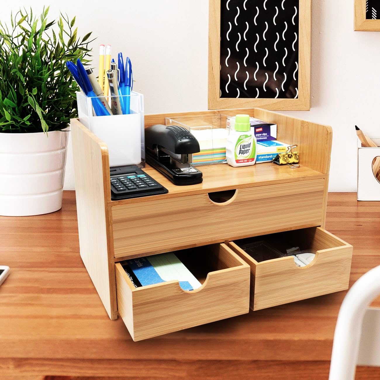 Sorbus Bamboo Desk Organizer - 3-Tier 100% Bamboo Desktop Organizers – Mini Bamboo Desk Drawer Tabletop Storage Box Countertop Organization 3 Drawers & Shelf - Office, Makeup Vanity, Fully Assembled