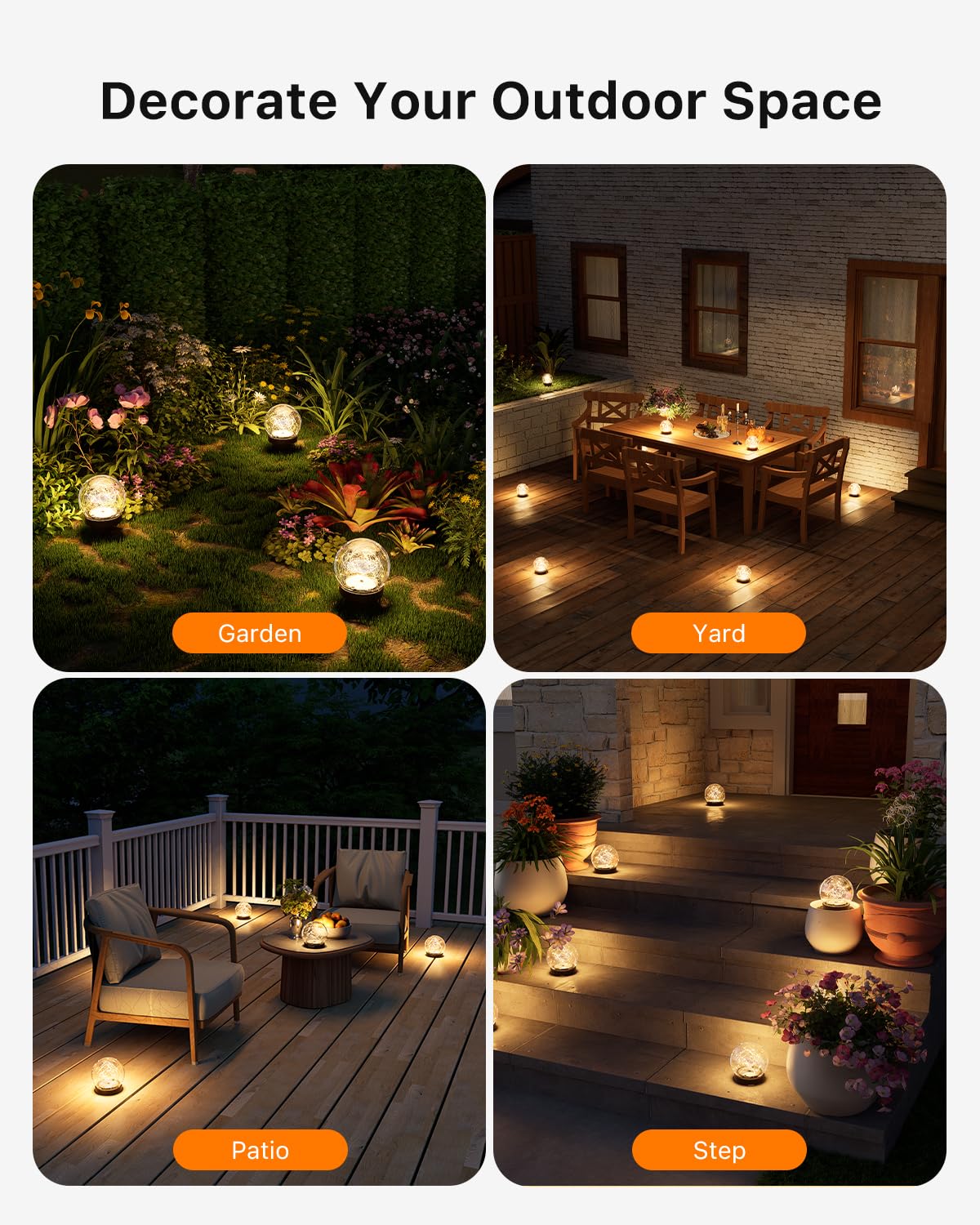 4 Pack Solar Powered Cracked Glass Globe LED Lights Outdoor Waterproof Decorative Table Ball Lamps for Outside Garden, Patio, Yard, Deck, Pathway, Backyard Decoration Easy to Install (Warm White)