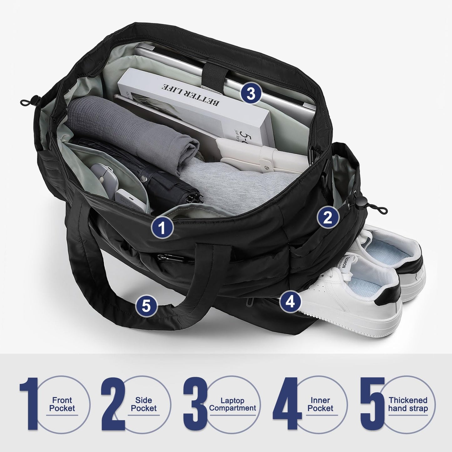 SUIKIHUM 50L Travel Duffel Bag for Women, Weekender Travel Bag with Shoe Compartment & Toiletry Bag, Overnight Carry On Bag for Gym Trip, Black
