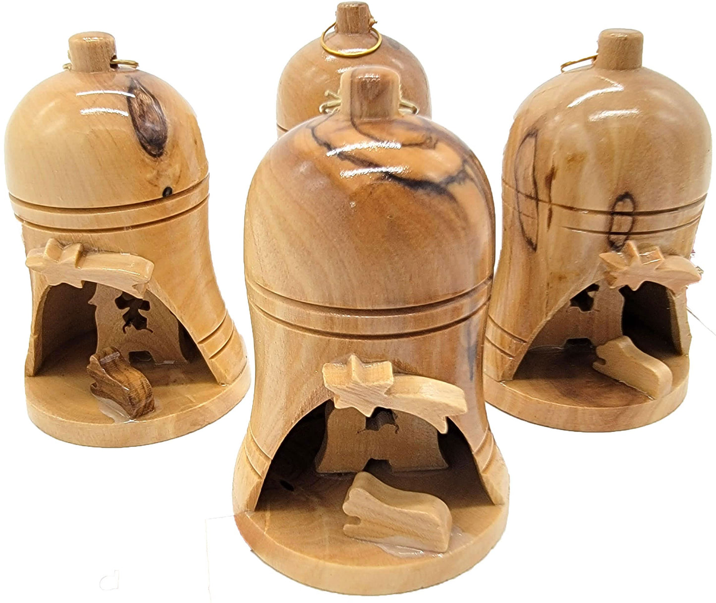 Zuluf Bulk Olive Wood Bell Christmas Ornaments from Bethlehem - Religious Nativity, Catholic Chrismons for Christmas Tree, Holy Land Israel Souvenirs, Christian Decorations Set of 4