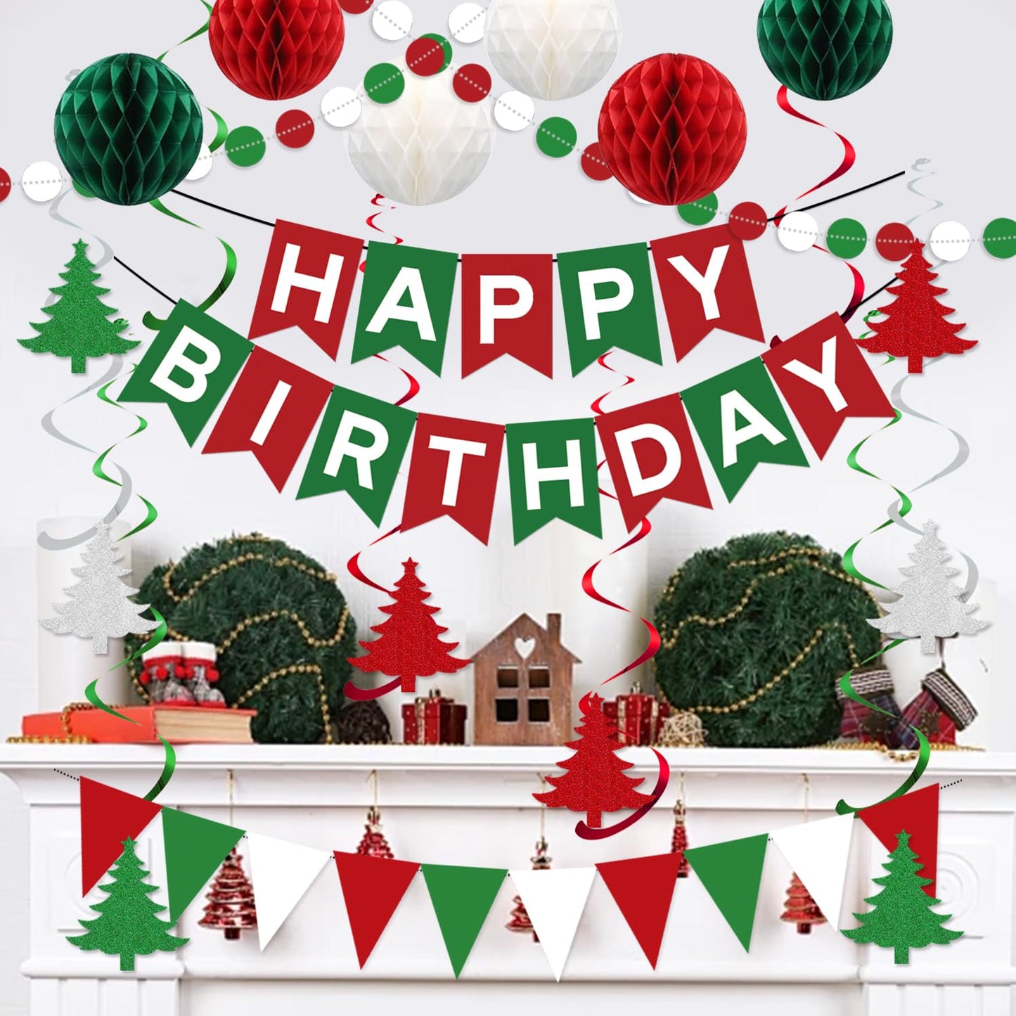 Christmas Birthday Party Decorations for Boys Girls, Pre-Strung Red-Green White Happy Birthday Banner with Honeycomb Balls, Christmas Tree Hanging Swirls, Circle Dots Garland, Triangle Pennant