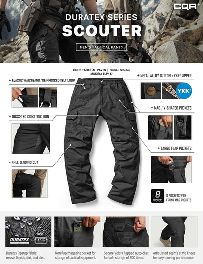 CQR Men's Tactical Pants, Water Resistant Ripstop Cargo Pants, Lightweight EDC Work Hiking Pants, Outdoor Apparel, Raider Black, 36W x 30L