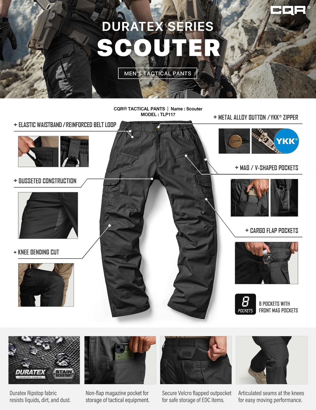 CQR Men's Tactical Pants, Water Resistant Ripstop Cargo Pants, Lightweight EDC Work Hiking Pants, Outdoor Apparel, Raider Black, 46W x 30L