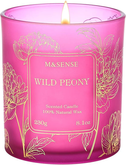 M&SENSE Floral Scented Soy Candles, Wild Peony Subtle Scented Vegan Soy Candle, 8.1oz 42-Hour Long Last Burning Time, No Toxin Bathtub Thanksgiving Christmas Date Night Romance Home Fragrance for Her