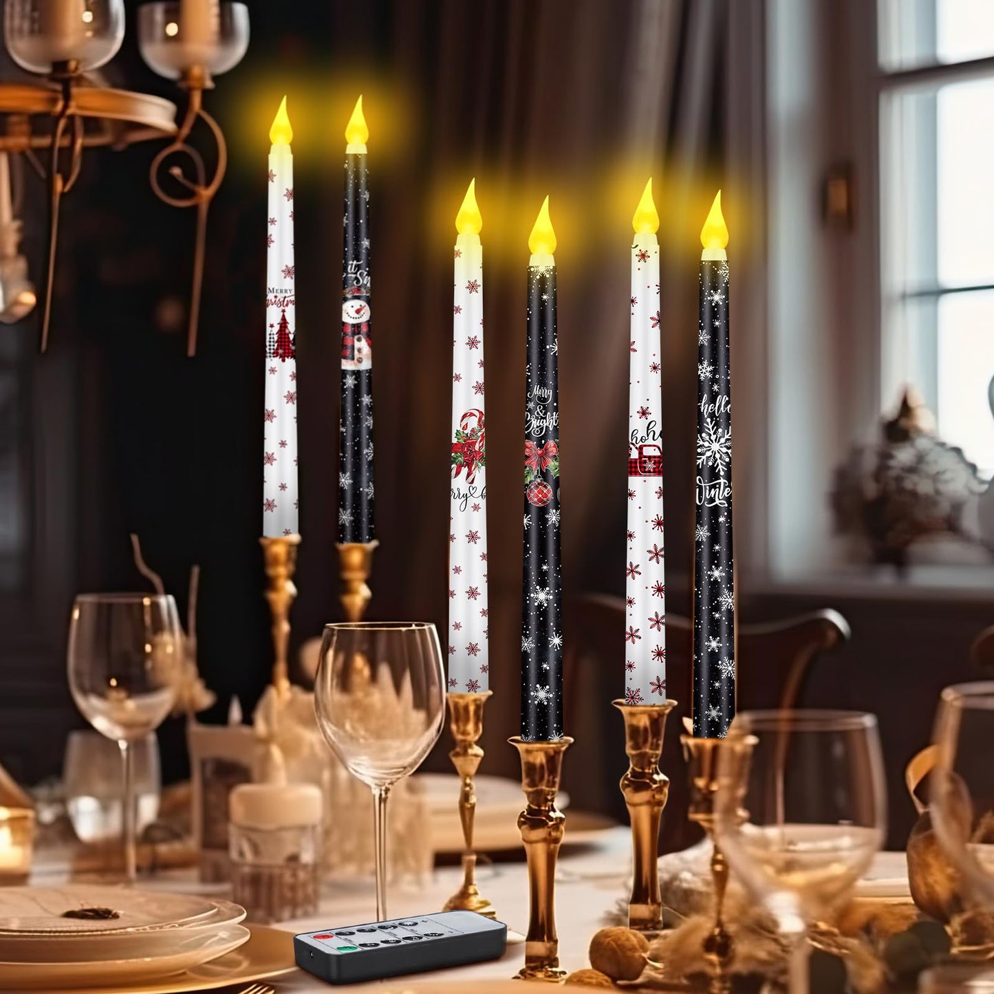 Aurelema 6 Pcs Winter Flameless Candle Set Snowflake LED Flameless Taper Candles with Remote Timer Black and White Celebration Candles with Battery Operated for Christmas Winter Gifts Home Decor