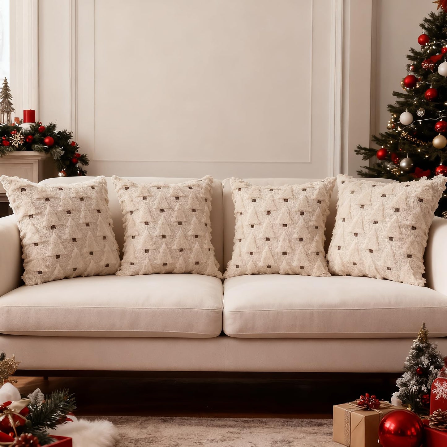 HDVUHKI Christmas Throw Pillow Covers 18x18 inch Set of 4, Beige Xmas Tree Holiday Winter Living Room Soft Fluffy Plush Faux Fur Wool Decorations for Sofa Couch Bed